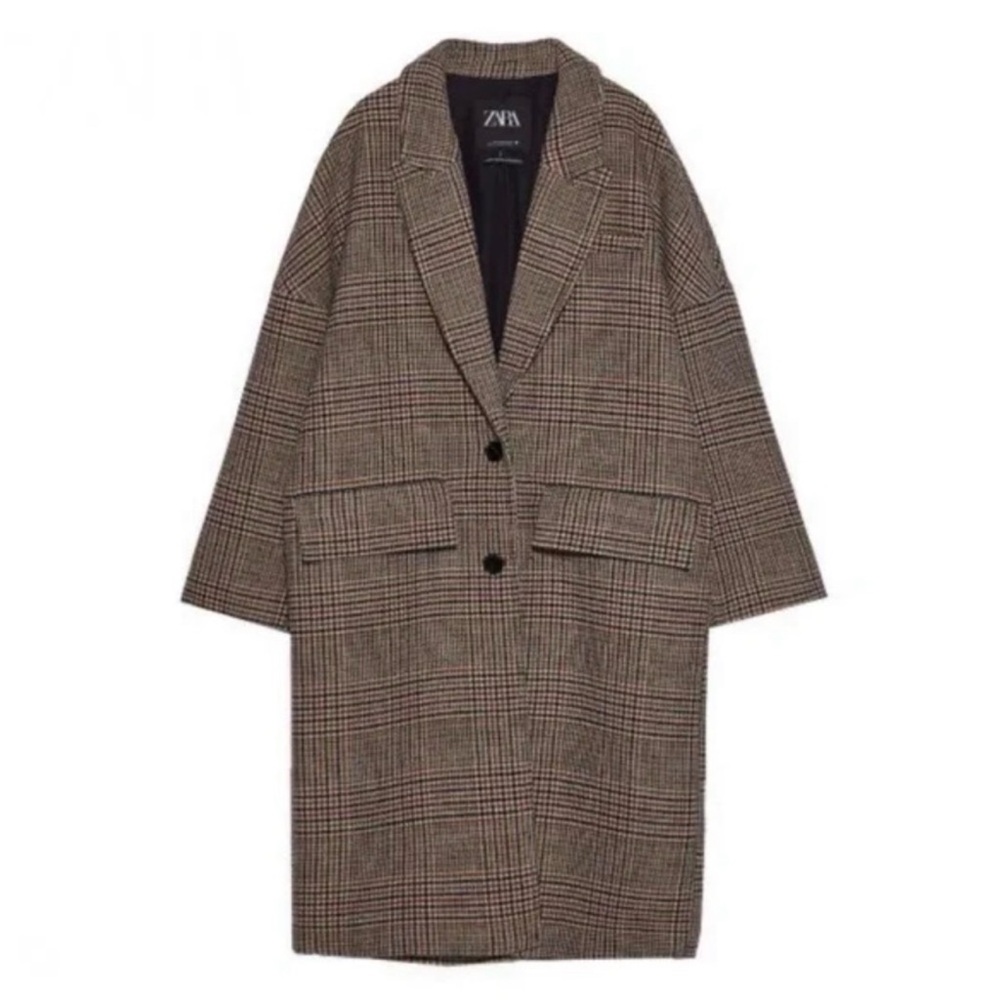 Zara Checkered Brown drop shoulder Oversized Overcoat Jacket S - Picture 1 of 8